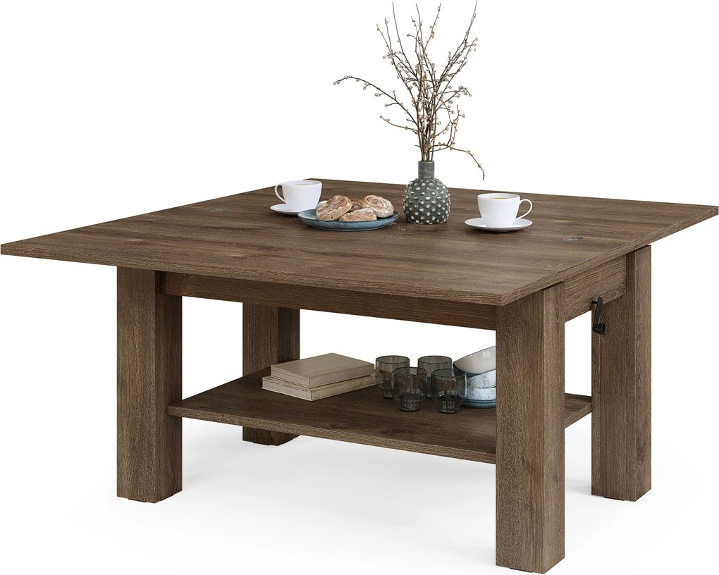 BRAVO bruin eiken – uitschuifbare en in hoogte verstelbare salontafel, tafel met plank