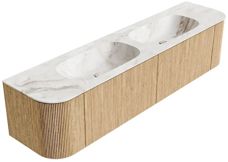 Mondiaz Kurve-dlux 190cm badmeubel ronding links/rechts oak met 2 lades en deuren en wastafel stor small dubbel 2 kraangaten frappe