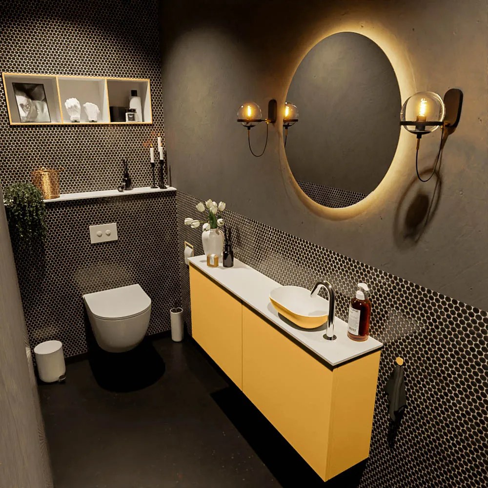 Mondiaz Fowy toiletmeubel 120cm ocher met gele waskom rechts en kraangat