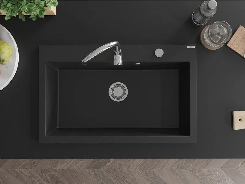 Mexen Elix granieten gootsteen 1-comparteer 800 x 500 mm, zwart, sifon chroom - 6527801005-77