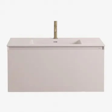 Macrae Zwevend Houten Badkamermeubelset Met Geïntegreerde Wastafel Beige – Linnen & Spiegelloze & Geborsteld Goud ↑20 Cm Met Overloop Aftapventiel Orv