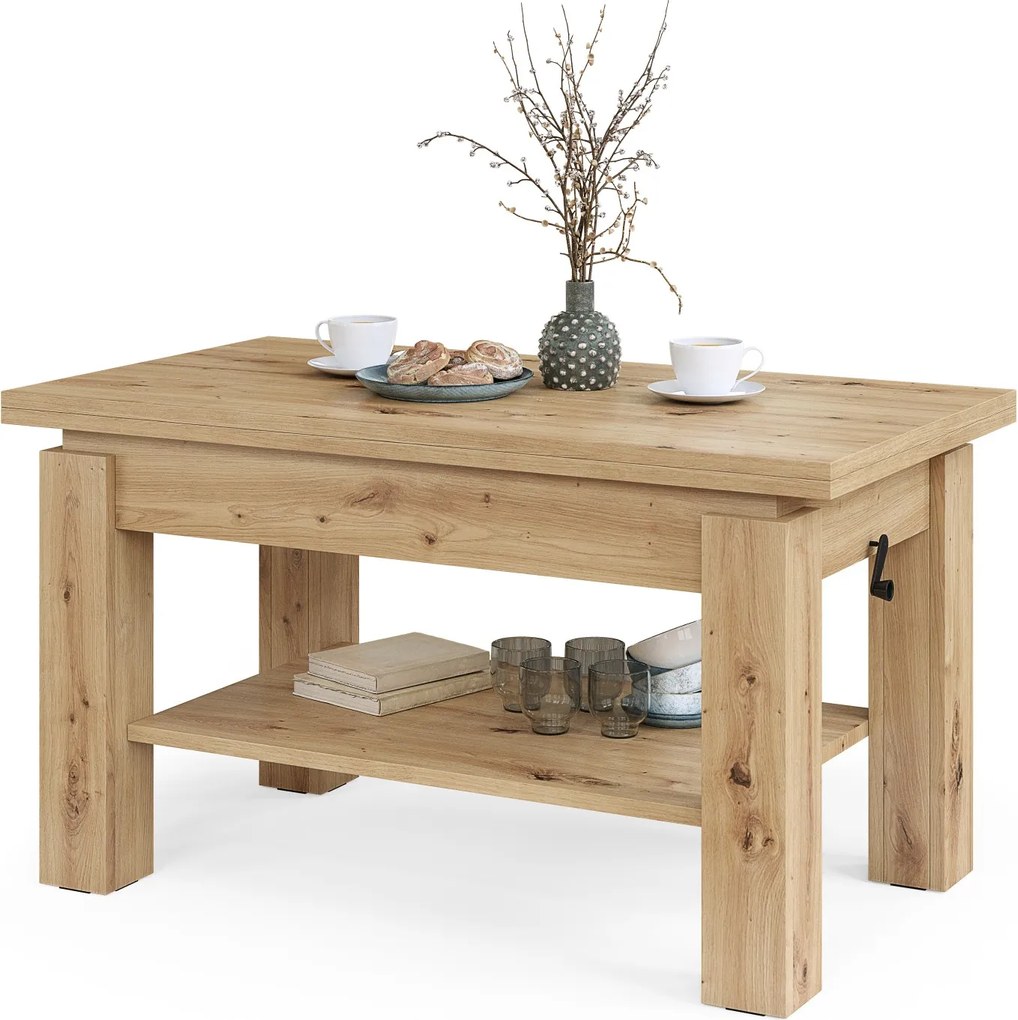 BRAVO artisan eiken – uitschuifbare en in hoogte verstelbare salontafel, tafel met plank