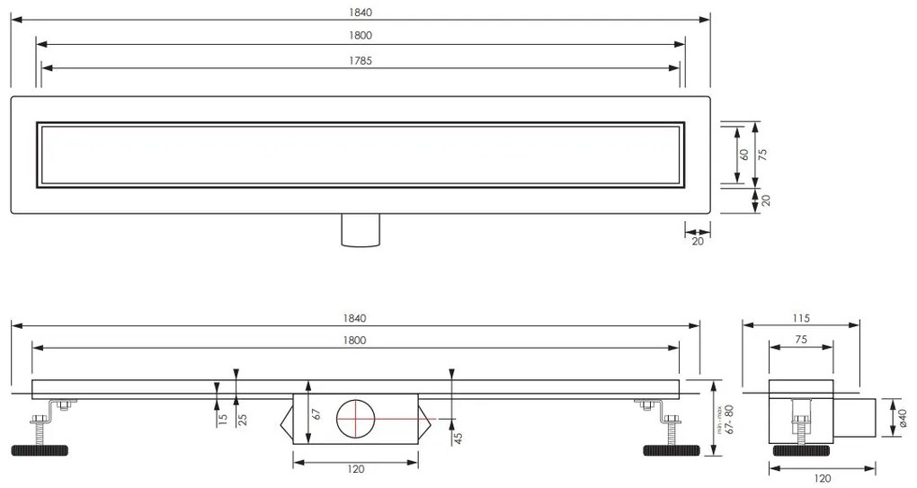 Brauer douchegoot 180x7cm met multifunctioneel rooster en flens RVS geborsteld