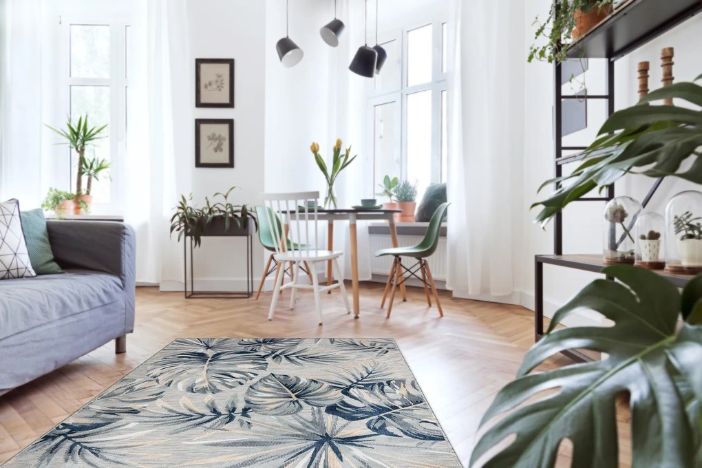 Tapijt Structural BOTANIC 65265 Monstera vertrekt plat geweven op het balkon, terras - grijs