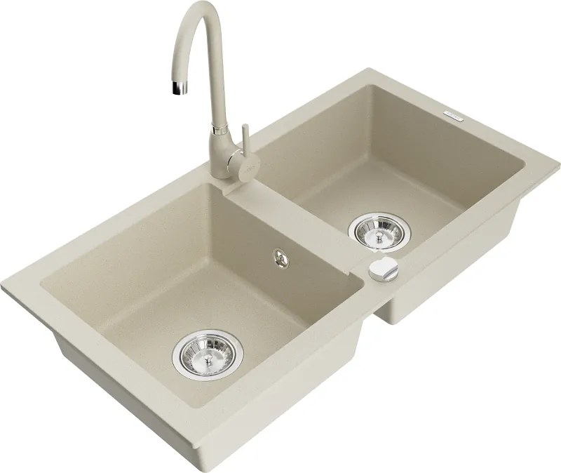 Mexen Mario granitische gootsteen met 2 kamers en keukenmengkraan Telma, beige - 6504-69-670200-69