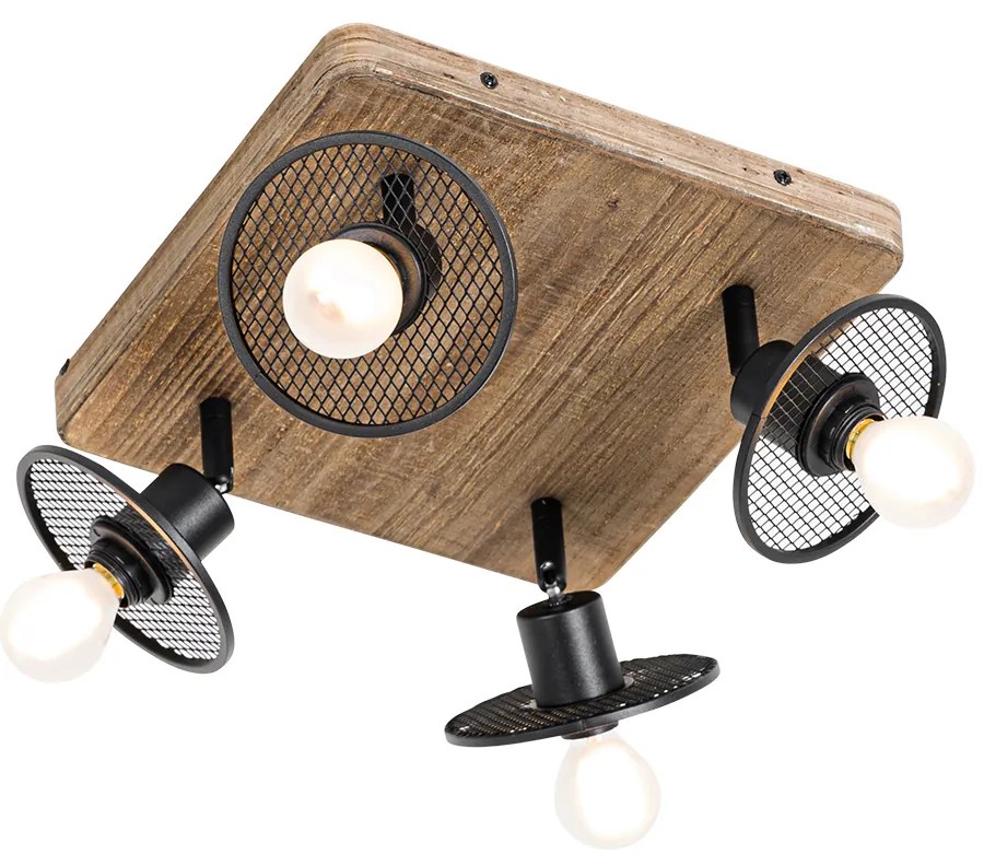 Industriële plafondspot zwart met hout 4-lichts - Jasmijn