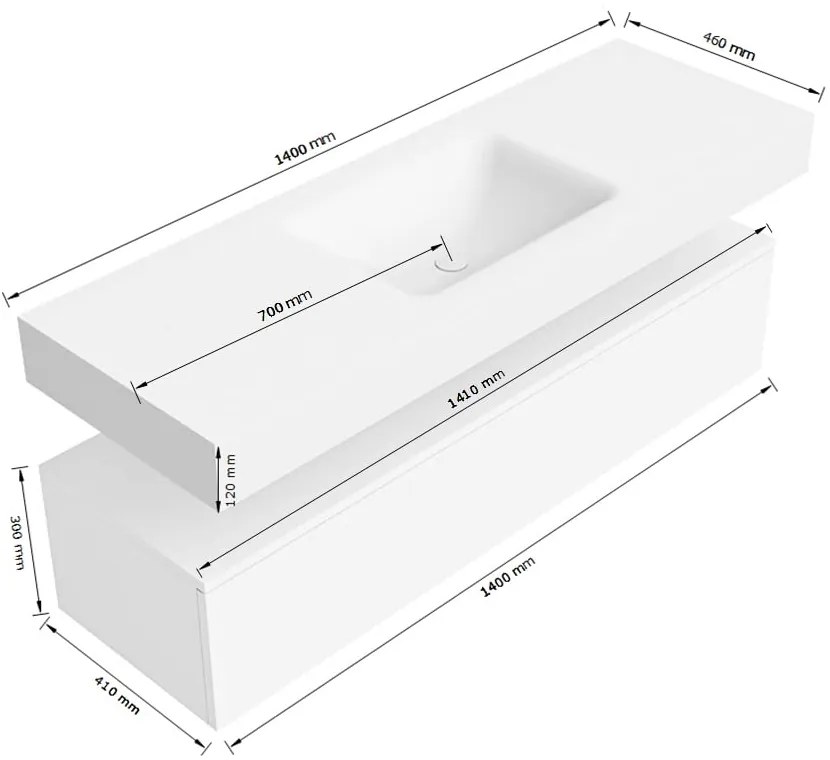Zaro Alan badmeubel 140cm sand 1 lade met vrijhangende wastafel cloud midden zonder kraangat urban