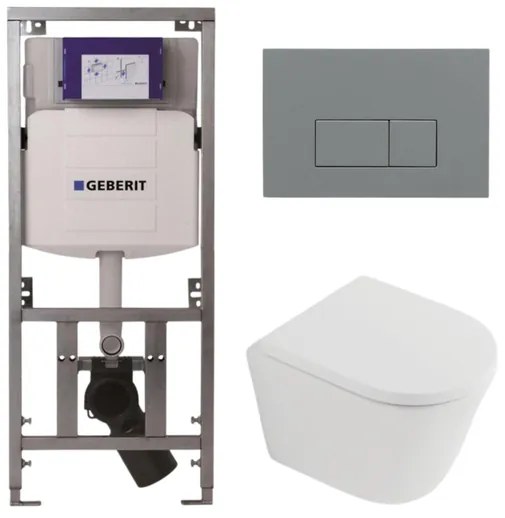 QeramiQ Dely Toiletset - 36.3x51.7cm - diepspoel - rimless - Geberit UP320 inbouwreservoir - softclose toilet zitting 35 mm - bedieningsplaat licht grijs - rechthoekige knoppen - mat wit SW1026254/SW1000767/0701131/SW1102375