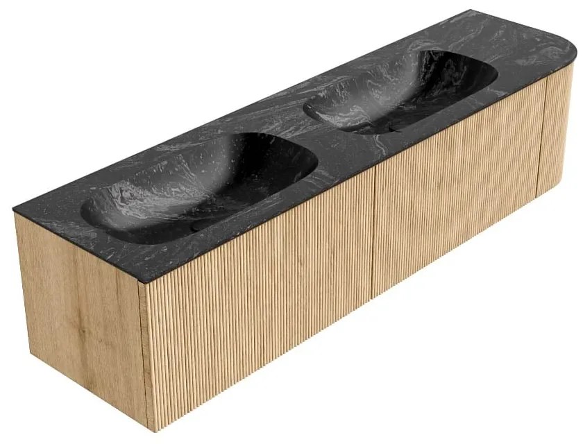 Mondiaz Kurve-dlux 175cm badmeubel ronding rechts oak met 2 lades en 1 deur en wastafel stor small dubbel/links 2 kraangaten lava