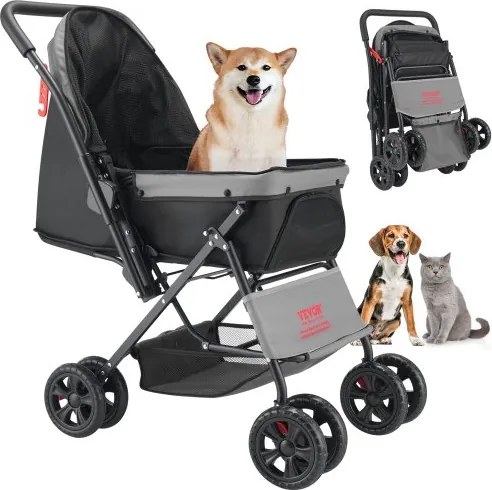 VEVOR Hondenbuggy, laadvermogen 20 kg, opvouwbare hondenkar, hondenbench met 4 wielen, gaasvensters en omkeerbare handgreep, huisdierentransporter met rem, voor kleine tot middelgrote huisdieren