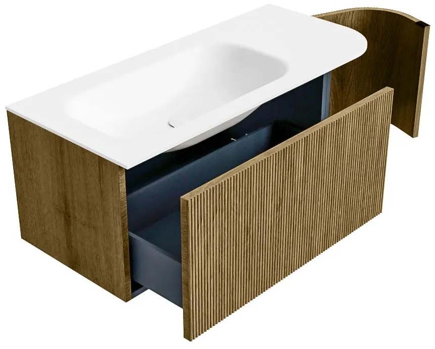 Mondiaz Kurve 105cm badmeubel ronding rechts dusk met 1 lade en deur en wastafel big small links zonder kraangat