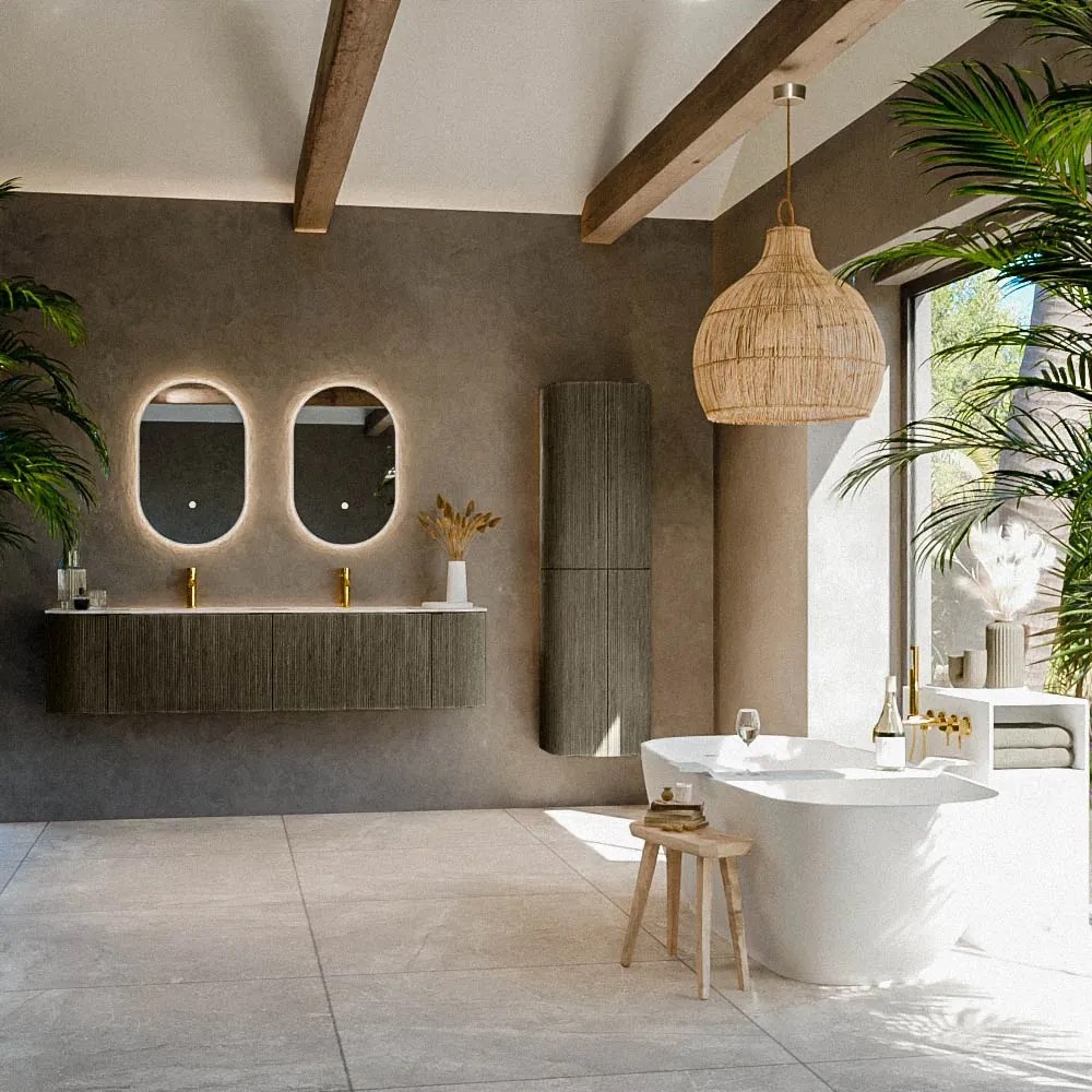 Mondiaz Kurve-dlux 180cm badmeubel ronding links/rechts shadow met 2 lades en deuren en wastafel leaf dubbel 2 kraangaten frappe