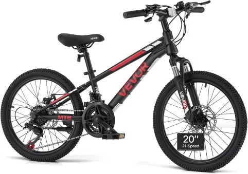 VEVOR Mountainbike 20 inch 21 versnellingen Carbonstaal Zwart voor recreatief fietsen en lichte offroad-tochten, 80 kg draagvermogen, bel, reflectoren en lichtbevestiging voor goede zichtbaarheid.