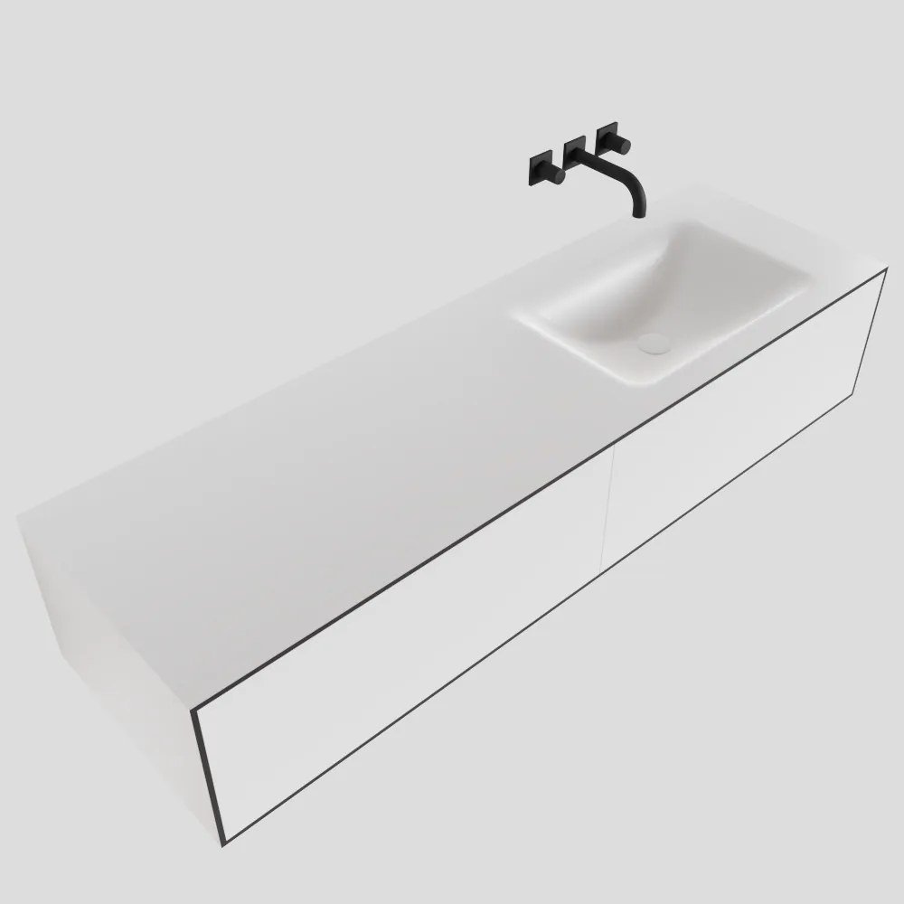 Zaro Lagom volledig naadloos solid surface onderkast 150cm mat zwart met 2 lades Push tot open. Compleet met solid surface wastafel met 0 kraangat(en)