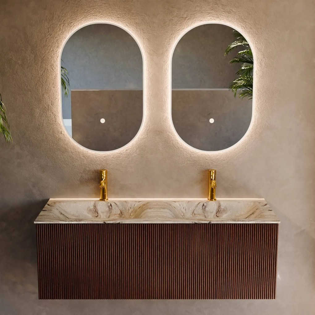 Mondiaz Kurve-dlux 120cm badmeubel ruby met 1 lade en wastafel leaf dubbel 2 kraangaten glace