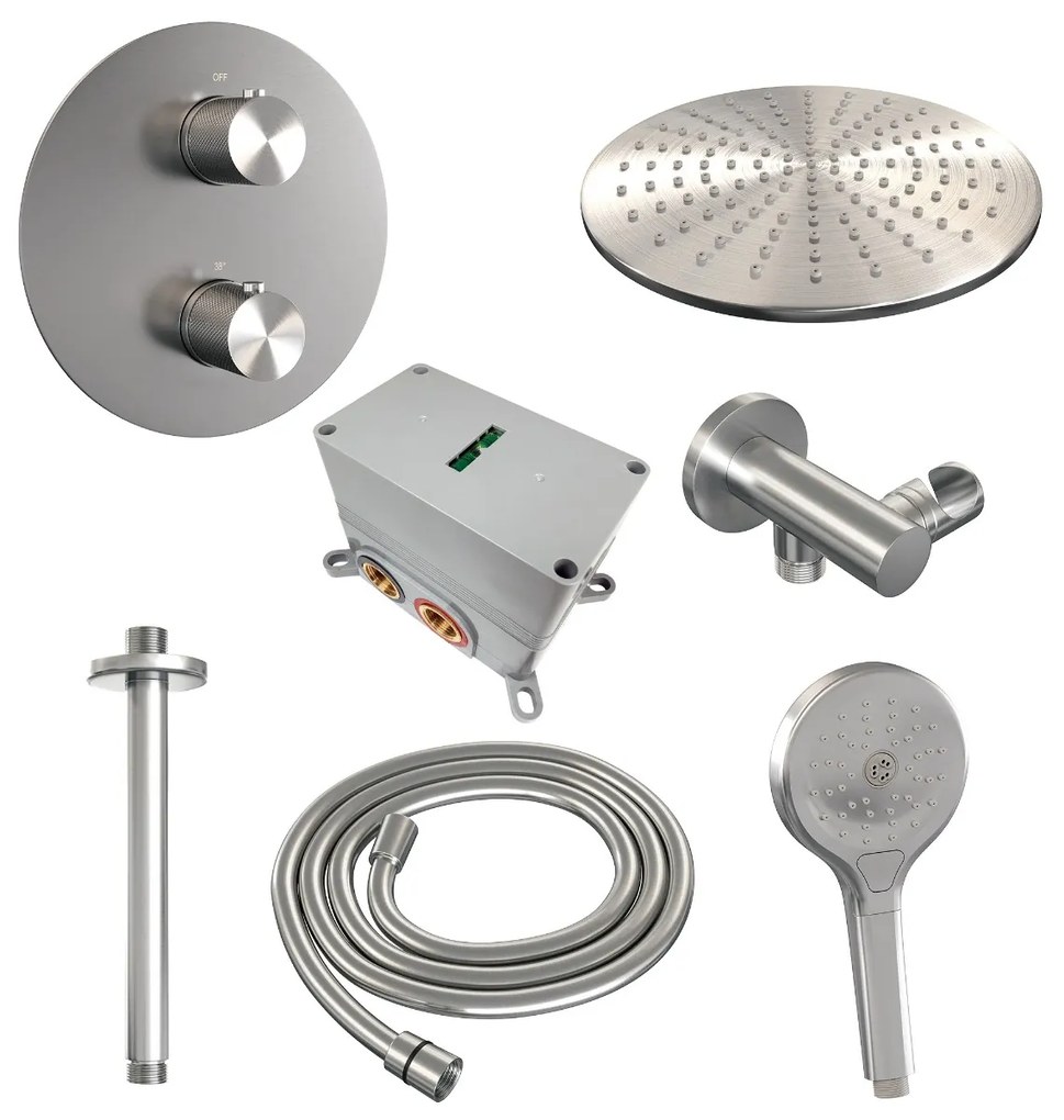 Brauer Brushed Carving thermostatische inbouw regendouche met 3 standen handdouche, plafondarm en hoofddouche 30cm set 84 RVS geborsteld PVD