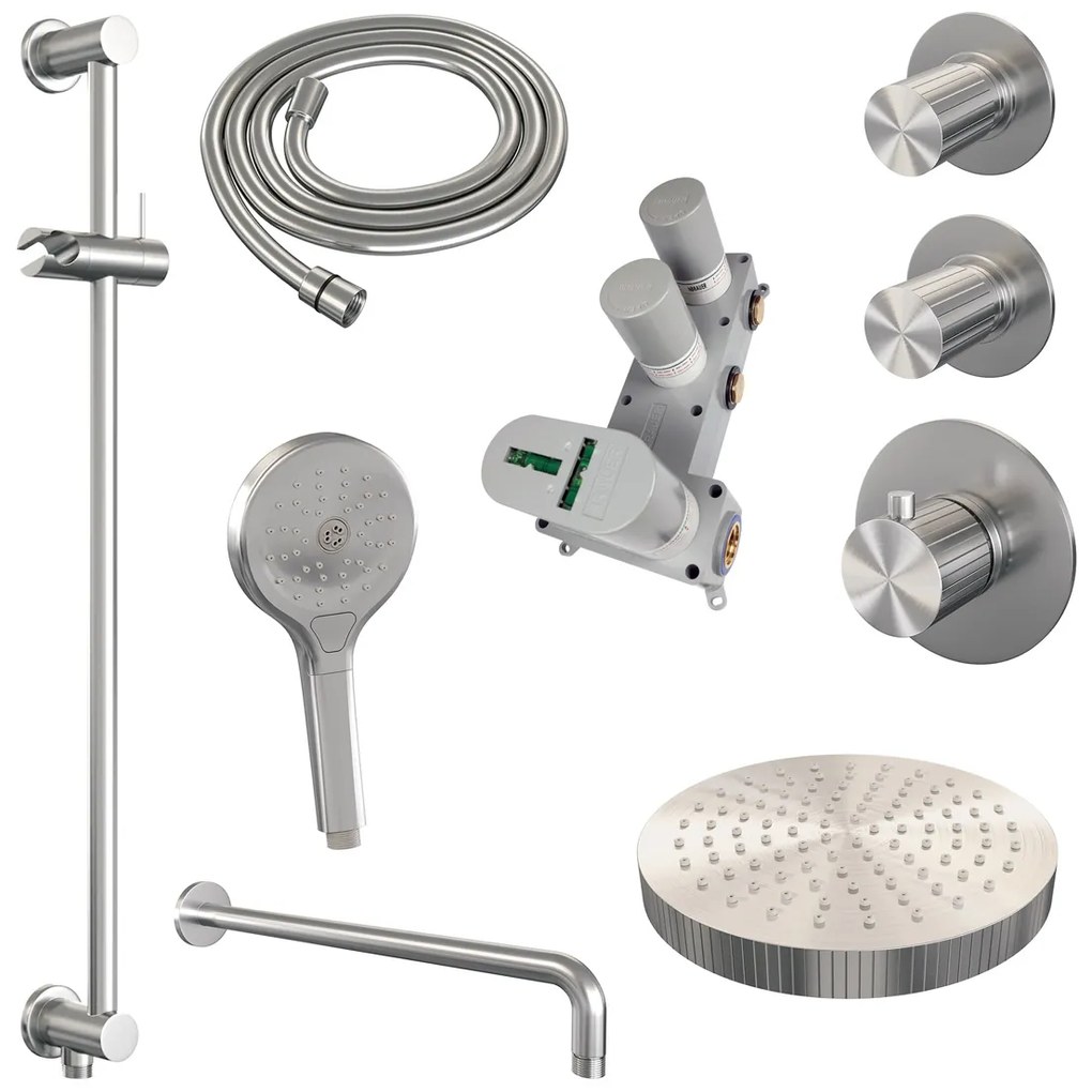 Brauer Stripe inbouw regendouche met 25cm hoofddouche, gebogen muurarm en 3 standen handdouche en glijstang set 11 RVS geborsteld PVD