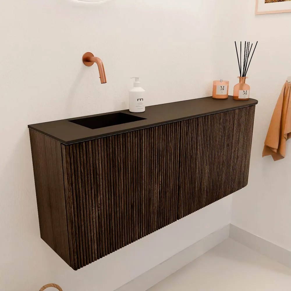 Mondiaz Joya 100cm toiletmeubel ronding rechts walnut met wastafel faye links zonder kraangat urban