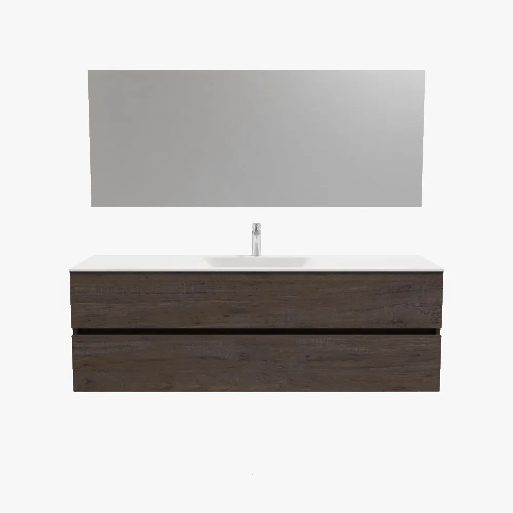 Zaro Valencia Solid Surface badmeubel 150cm donker eiken 1 kraangat spoelbak midden met 2 lades