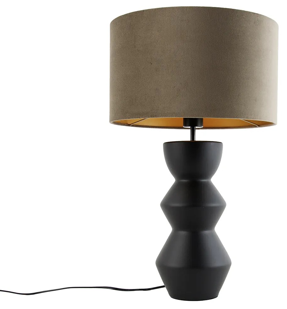 Design tafellamp zwart 16 cm velours kap taupe met goud 35 cm - Alisia Design E27 rond Binnenverlichting Lamp