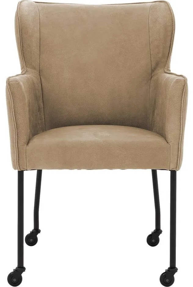 Goossens Excellent Eetkamerstoel Leogang bruin leer met armleuning en Zwart skater wiel met zwarte kapmet wielen, elegant chic