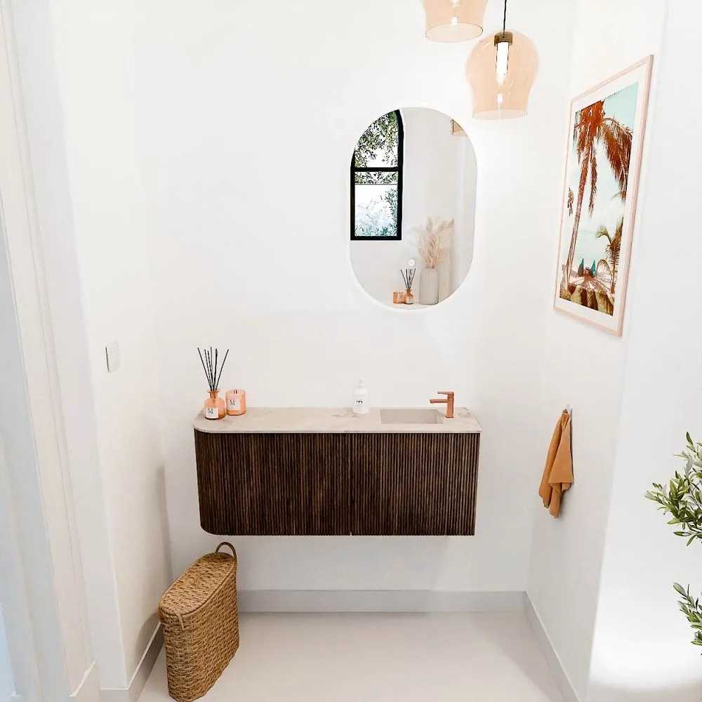 Mondiaz Joya DLux 100cm toiletmeubel ronding links walnut met wastafel faye rechts 1 kraangat frappe
