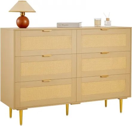 VEVOR Rattan Commode met 6 Laden, Metalen Handgrepen en Poten, Moderne Rattan Kast voor Slaapkamer, Woonkamer, Hal (120 x 39,5 x 85,4 cm) Kledingkast
