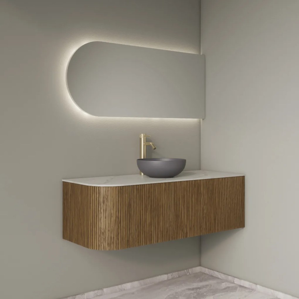 Gliss Design Alluro badmeubel ribbelfront met ronding links 120cm castle brown en wit marmer toppaneel
