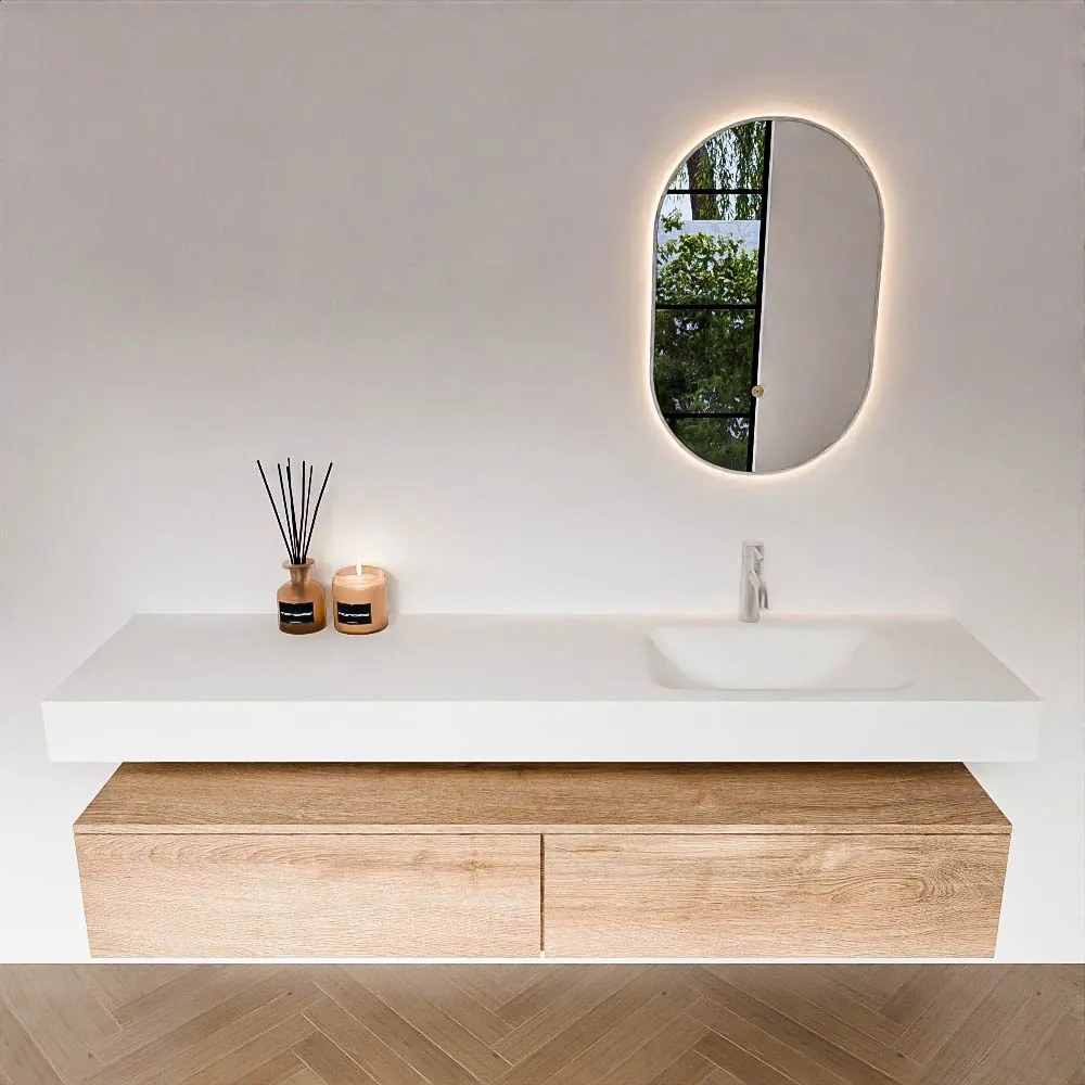 Zaro Alan badmeubel 180cm washed oak 2 lades met vrijhangende wastafel cloud rechts 1 kraangat talc