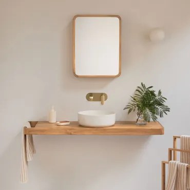 Conjunto Van Meubel 130x45 Cm Hangend In Teakhout Neill Teakhout & Rond Keramiek Wit Ø40 Cm Lenka & Geborsteld Goud Inbouw Met Aftapkraan Zonder Overl