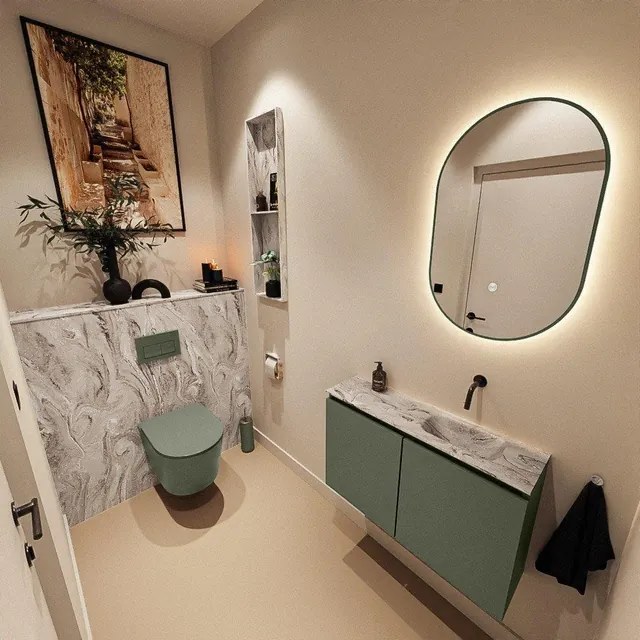 MONDIAZ TURE-DLUX 80cm toiletmeubel Army. EDEN wastafel Glace positie rechts. Zonder kraangat. TUREDX80ARMR0GLA