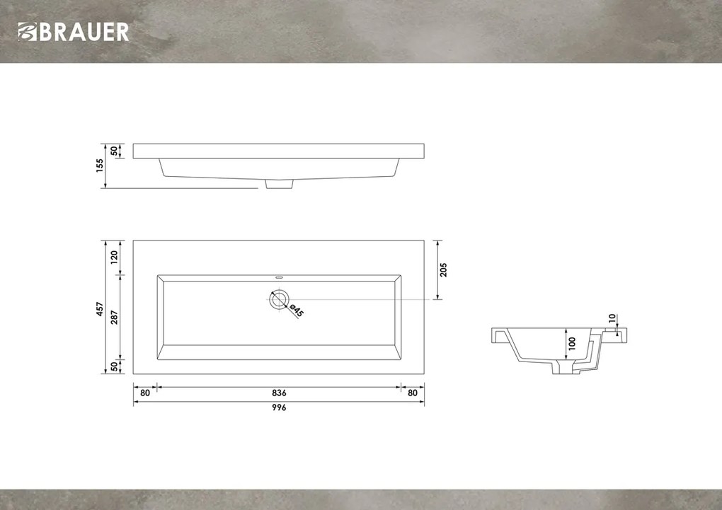 Brauer Solar Medium wastafel mineraalmarmer 100cm zonder kraangat wit mat