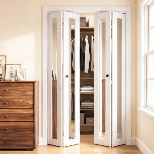 VEVOR vouwdeur complete set 1219 mm (vier 305 mm) x 2032 mm, spiegel over de volledige lengte, voor kledingkasten en slaapkamers, 4-delige vouwschuifdeur met metalen beslag en composiet frame, modern, stijlvol en ruimtebesparend, wit