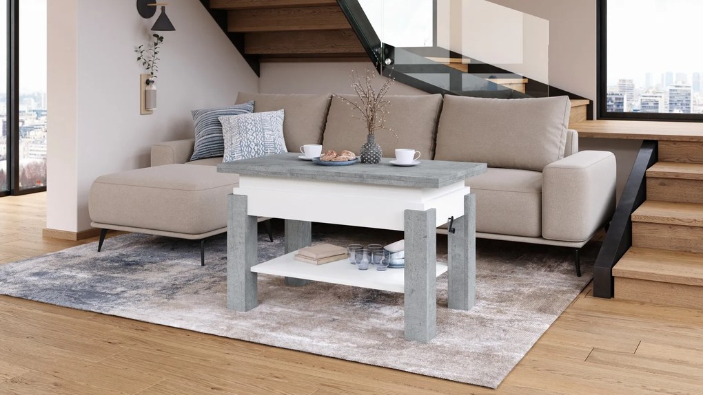 BRAVO beton / wit – uitschuifbare en in hoogte verstelbare salontafel, tafel met plank