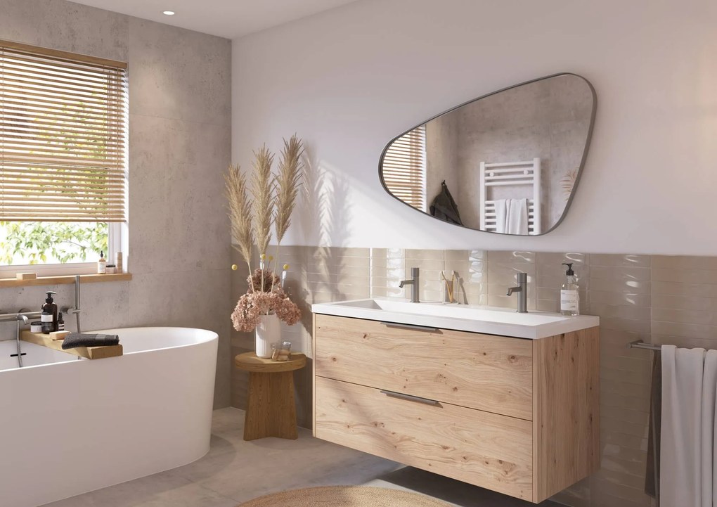 Saqu Lima badmeubel incl. mat witte wastafel met 2 kraangaten 120x52x64cm naturel eiken – rvs greep
