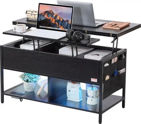 VEVOR salontafel met opklapbaar blad, rechthoekige salontafel van 99 cm met extra opbergvakken, opvouwbare salontafel met stekkerdoos, USB-aansluiting en sfeerverlichting voor de woonkamer, zwart