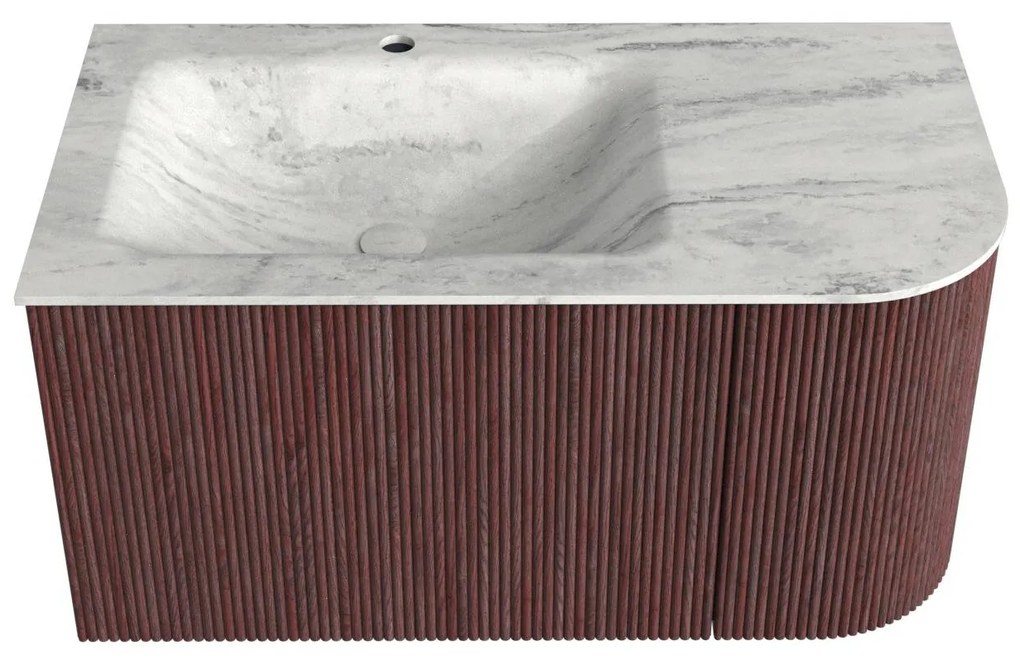 Mondiaz Kurve-dlux 85cm badmeubel ronding rechts ruby met 1 lade en deur en wastafel cloud kraangat links opalo