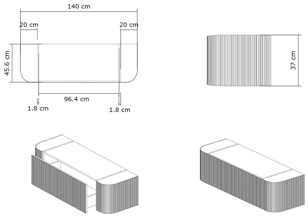 Gliss Design Alluro badmeubel ribbelfront met ronding links/rechts 140cm black en wit marmer toppaneel