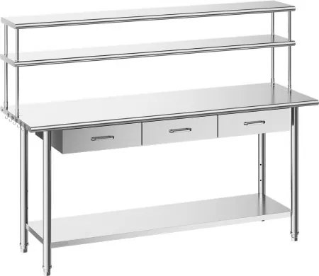 VEVOR Catering Werktafel 1829 x 610 x 1400 mm, Roestvrijstalen tafel met onderblad, 3 lades en dubbel uitschuifbaar blad, Commerciële voorbereidingstafel/werkbank voor restaurant, garage of keuken.
