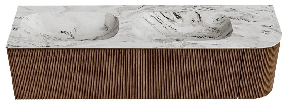Mondiaz Kurve-dlux 165cm badmeubel ronding rechts walnut met 2 lades en 1 deur en wastafel stor small dubbel/links zonder kraangat glace