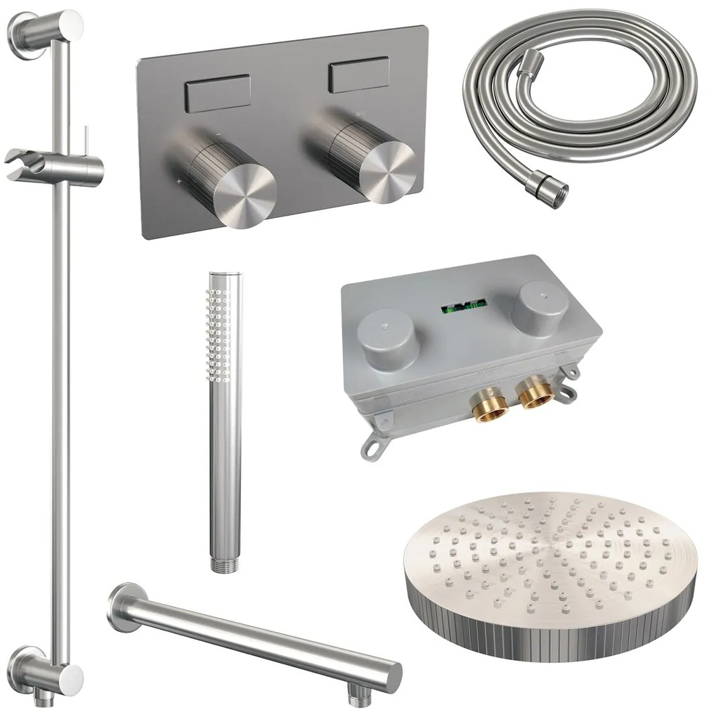 Brauer Stripe inbouw regendouche met 25cm hoofddouche, rechte muurarm, staafhanddouche en glijstang set 31 RVS geborsteld PVD