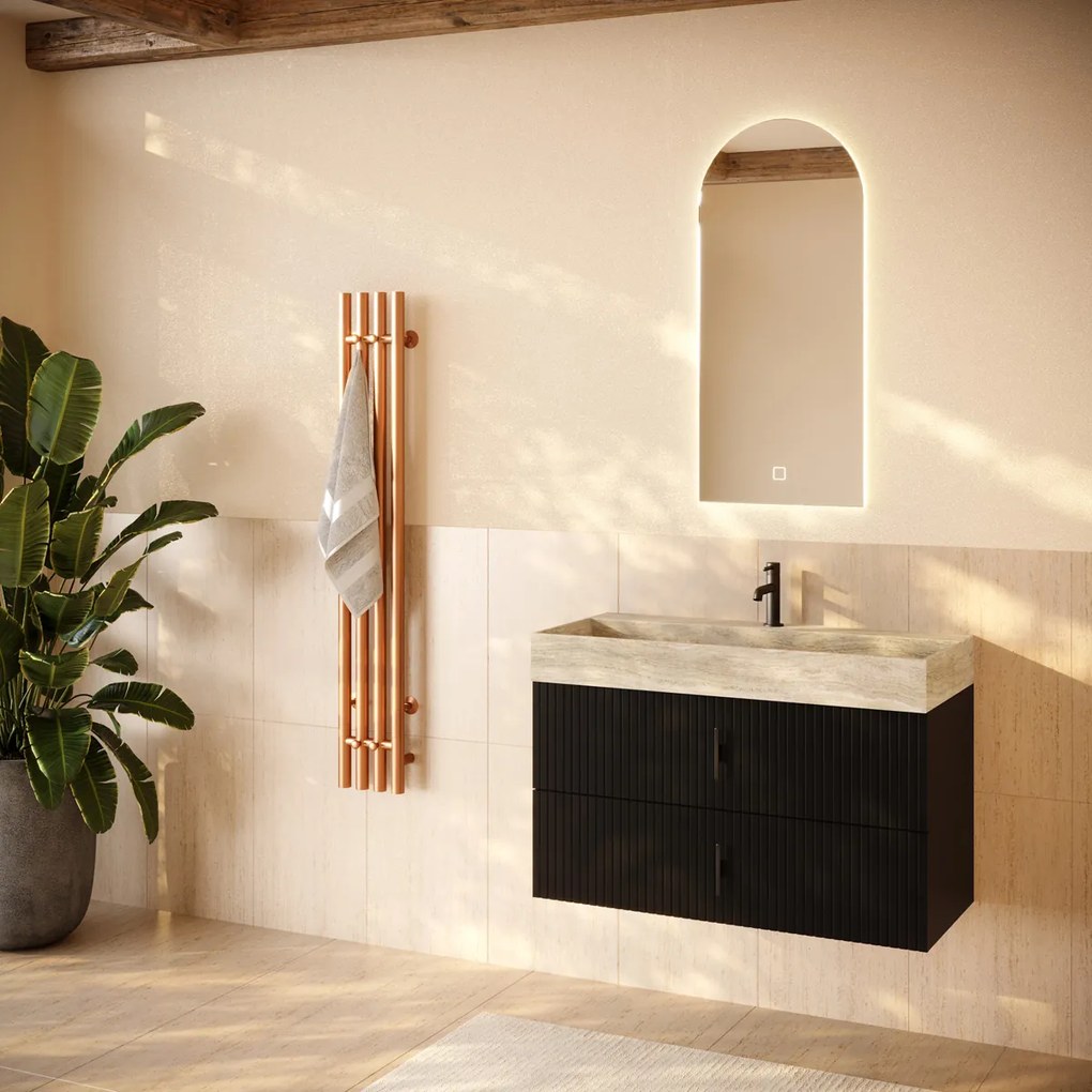 Muebles Murcia badmeubel ribbelfront 100cm zwart mat met White Travertin wastafel met kraangat