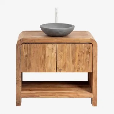 Vacry Acaciahouten Badkamermeubelset Acacia Bruin & Rond Grijs Cement Ø40 Cm Tarsis & Spiegelloze & Wit ↑30 Cm Met Aftapkraan - Sklum