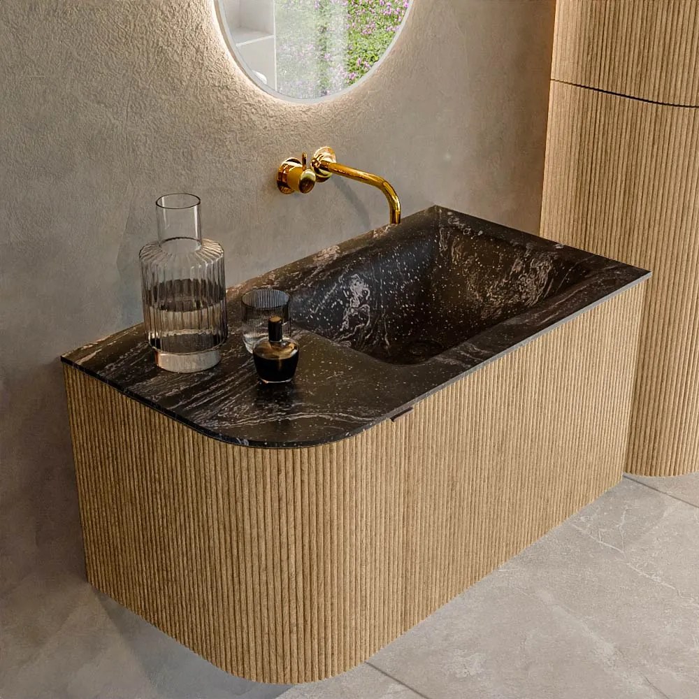 Mondiaz Kurve-dlux 85cm badmeubel ronding links oak met 1 lade en deur en wastafel cloud rechts zonder kraangat lava