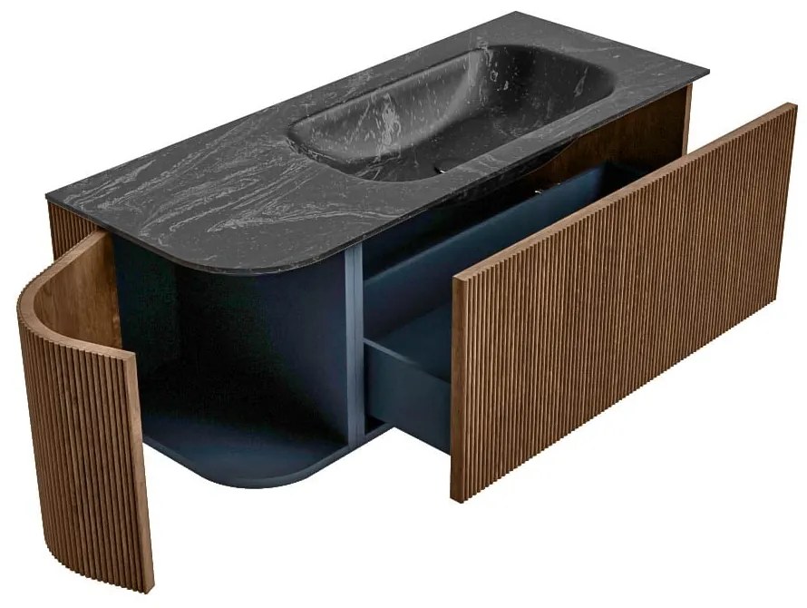 Mondiaz Kurve-dlux 115cm badmeubel ronding links walnut met 1 lade en deur en wastafel big small kraangat rechts lava