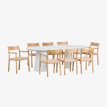 Set Van Ovale Betonnen Tafel (220x95 Cm) Noemi En 8 Eetkamerstoelen Van Eikenhout En Gevlochten Touw Mara Wit - Sklum