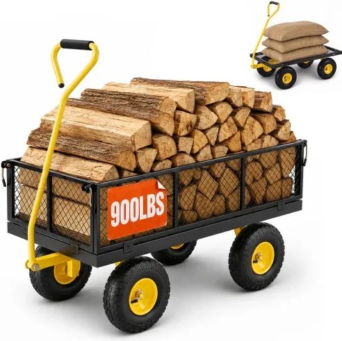 VEVOR handkar 965x560x535 mm, tuinkar, transportkar op wielen, gereedschapskar met wielen en afneembare zijpanelen van gaas (om te bouwen tot een platte kar) en 180° draaibare handgreep
