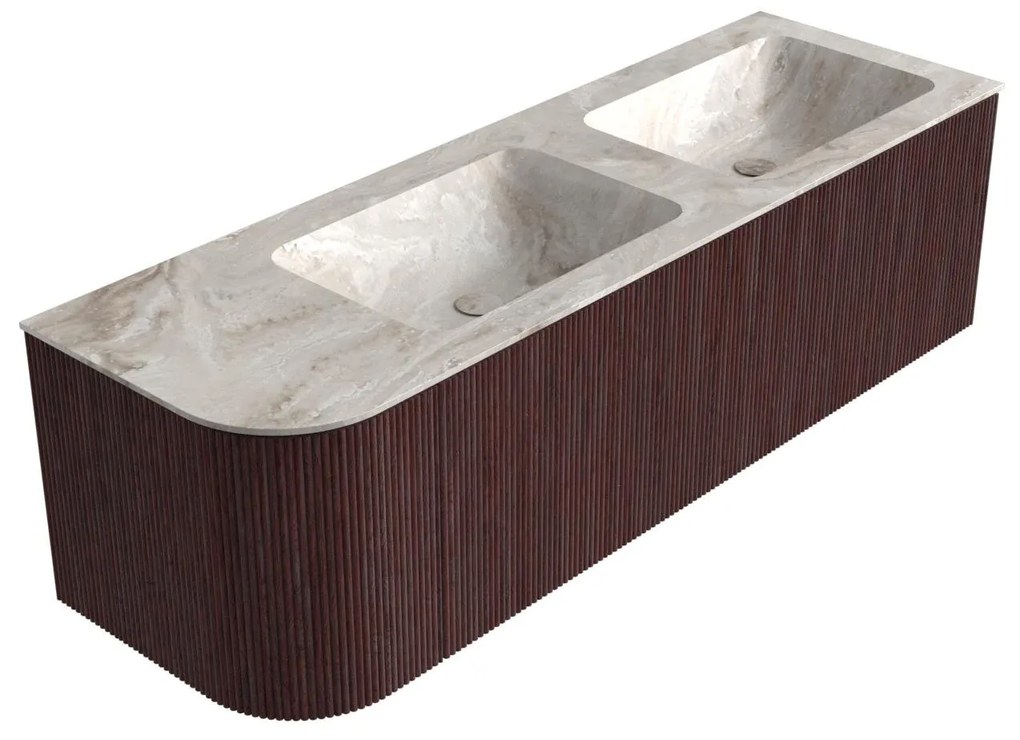 Mondiaz Kurve-dlux 145cm badmeubel ronding links ruby met 1 lade en deur en wastafel leaf dubbel/rechts zonder kraangat frappe