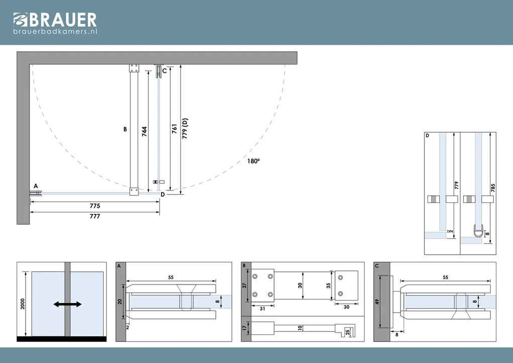 Brauer Void profielloze douchecabine 80x80cm messing geborsteld PVD
