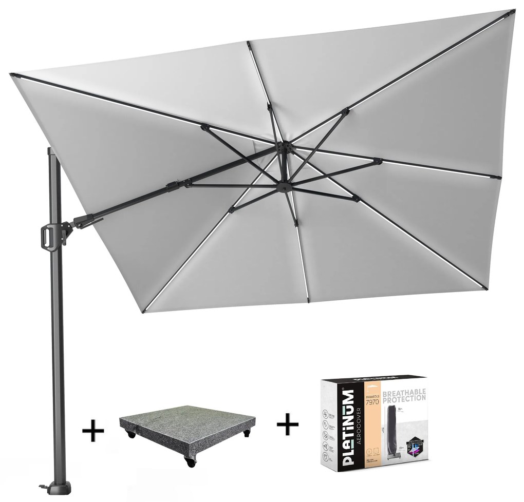 Challenger T2 glow zweefparasol 300x300 cm lichtgrijs met 120KG voet en hoes